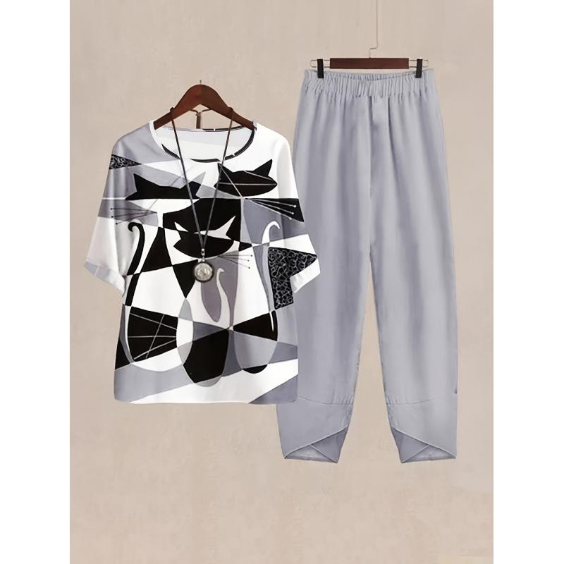 Womens Fashionable Printed Relaxed-fit Short-sleeve Set