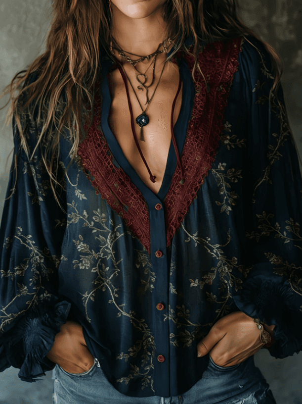 Retro-style Hollowed-out Lace Deep V Lantern Sleeve Women's Loose Top