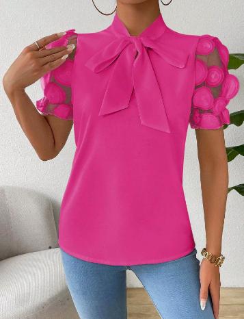 Summer Pure Color Tied Bow Short Sleeve Shirt For Women