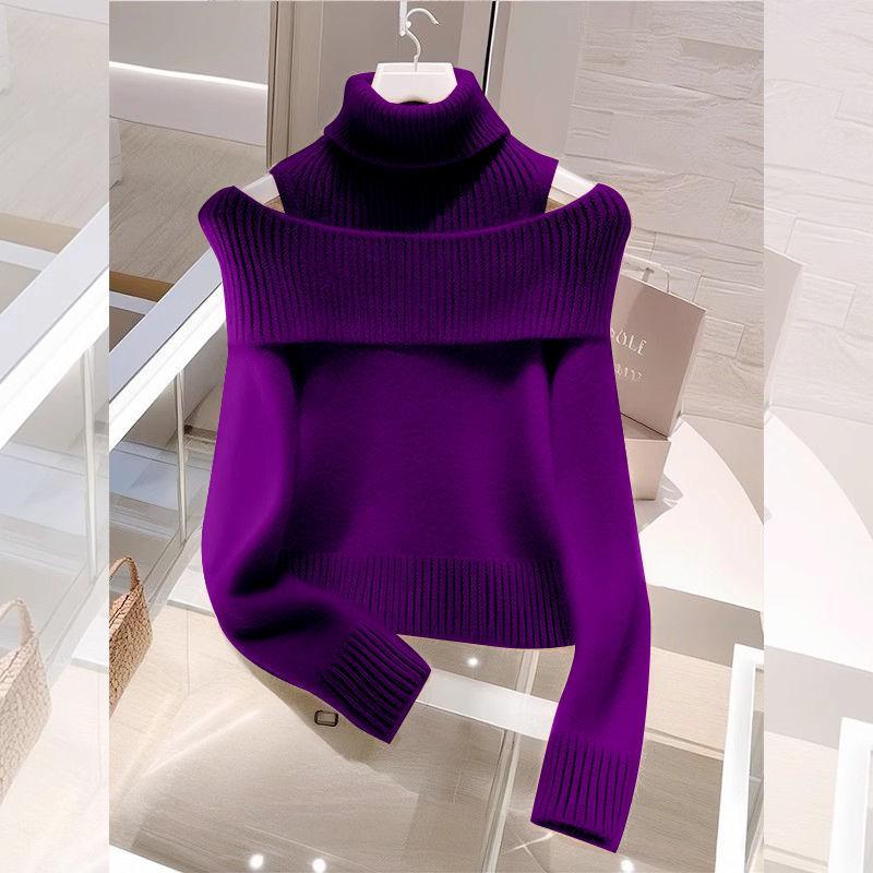 Soft Glutinous Idle Style Off-the-shoulder Bulky Turtleneck In Apricot Sweater
