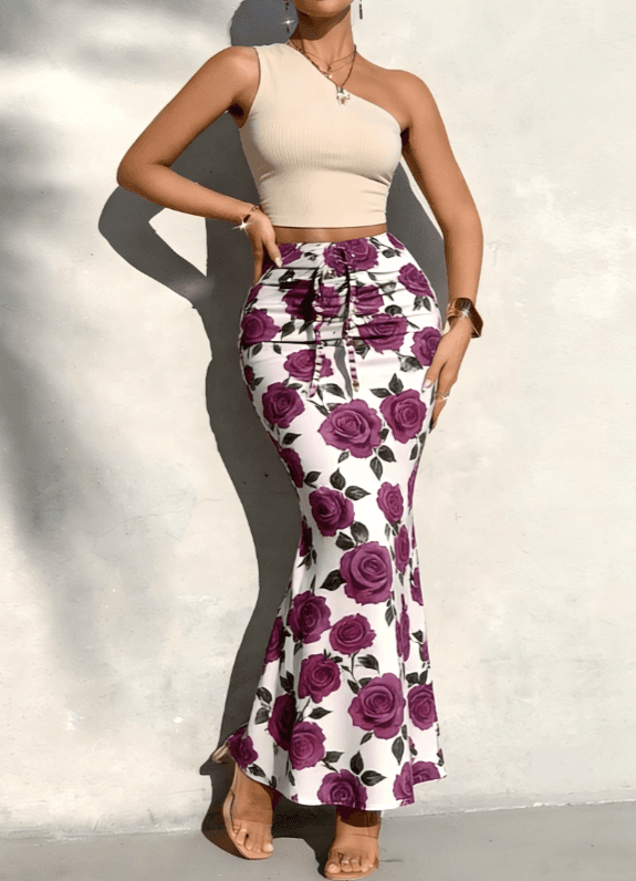 French Vintage-style Mermaid Half-length Skirt With Asymmetrical Short-sleeve Top Set For Women
