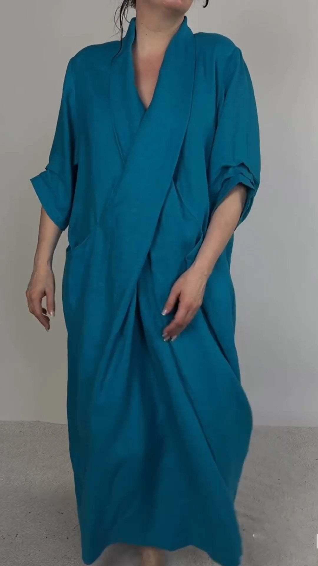 Linen Blend V-Neck Wrap Dress With Pockets