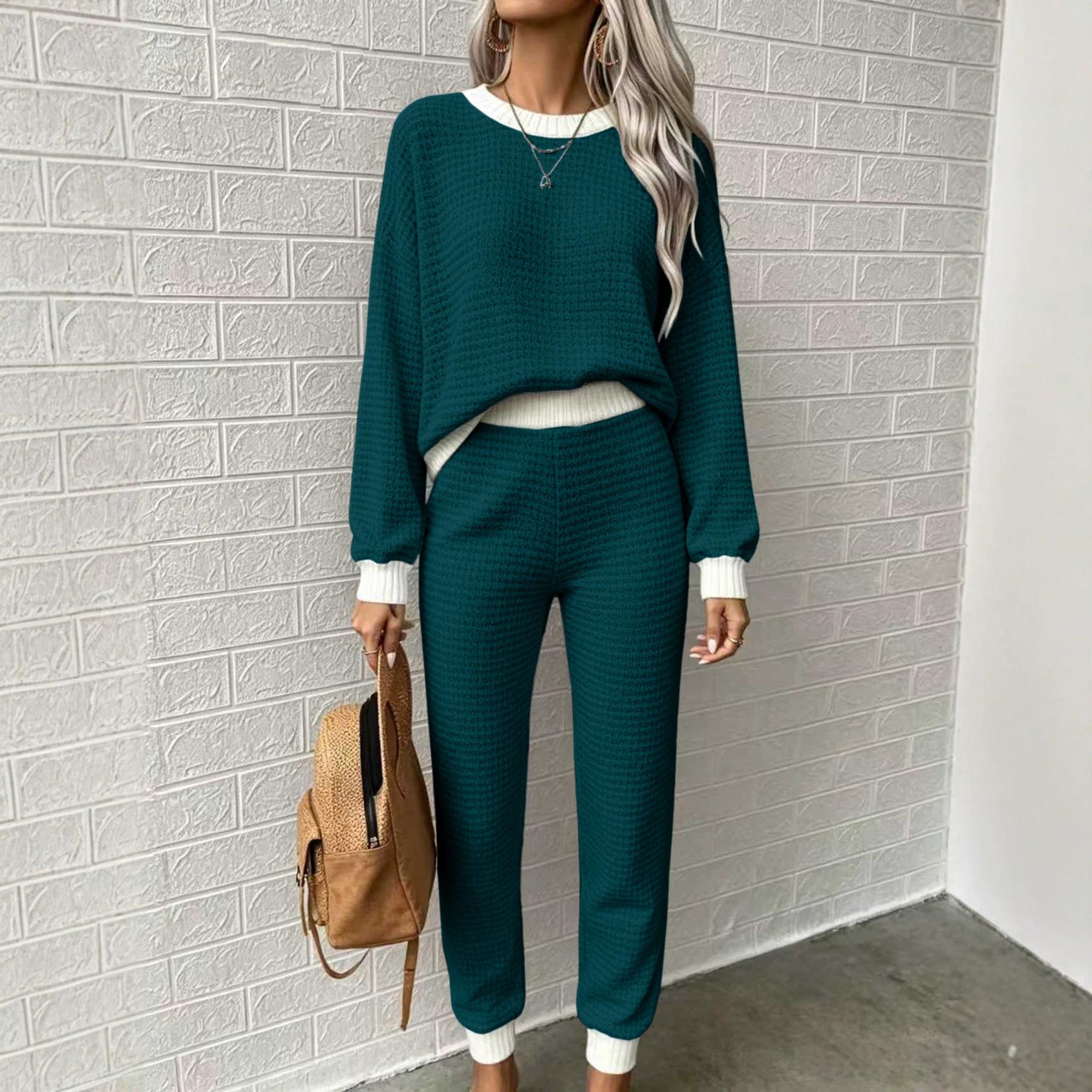 Womens Casual Waffle-Weave Drawstring Crew-Neck Sweatshirt And Pants Two-Piece Set