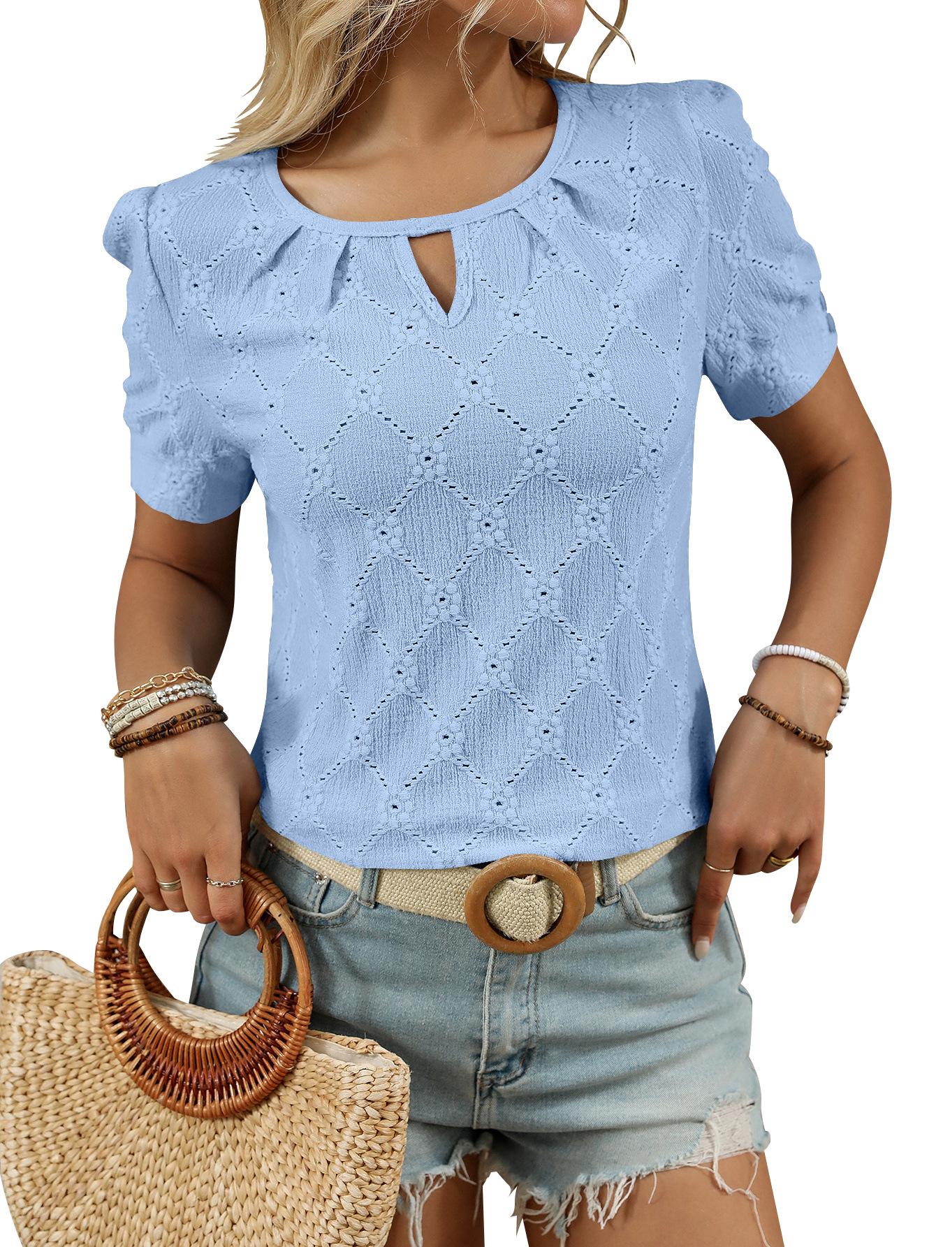 Solid-color Crewneck Button-front Short-sleeve Top For Women