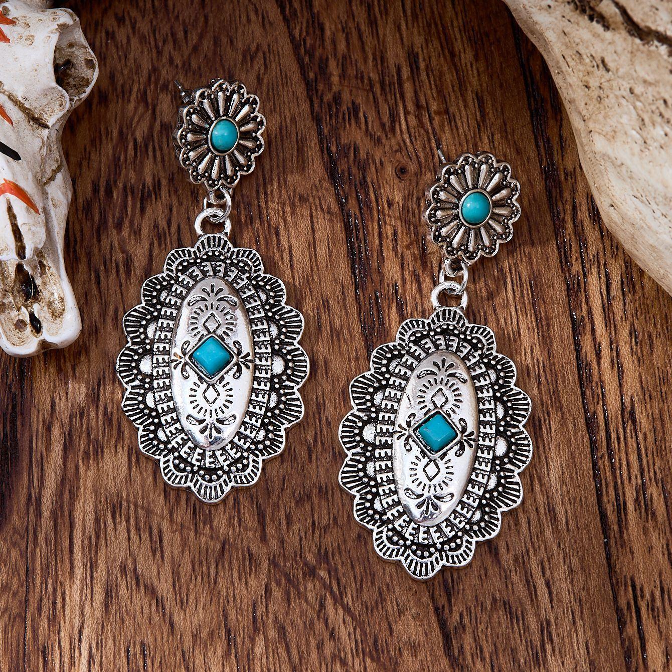 Geometric Carved Exaggerated Drop Earrings Antique Silver Color