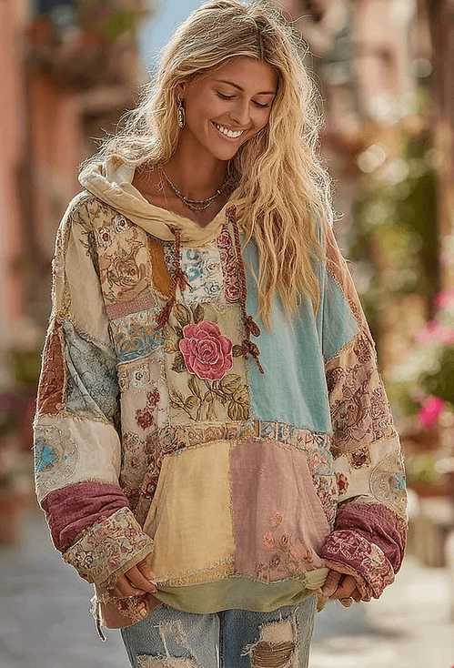 Vintage Hooded Jacket Versatile Lace-up Printed Sweatshirt