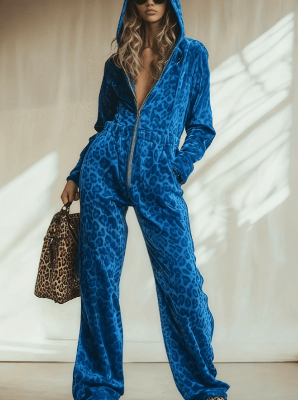 Leopard Print Velvet Hooded Zip-up Jumpsuit