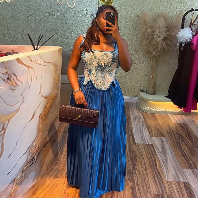 Women's Printed Waist-controlled Vest High Waist Pleated Skirt Two-piece Set