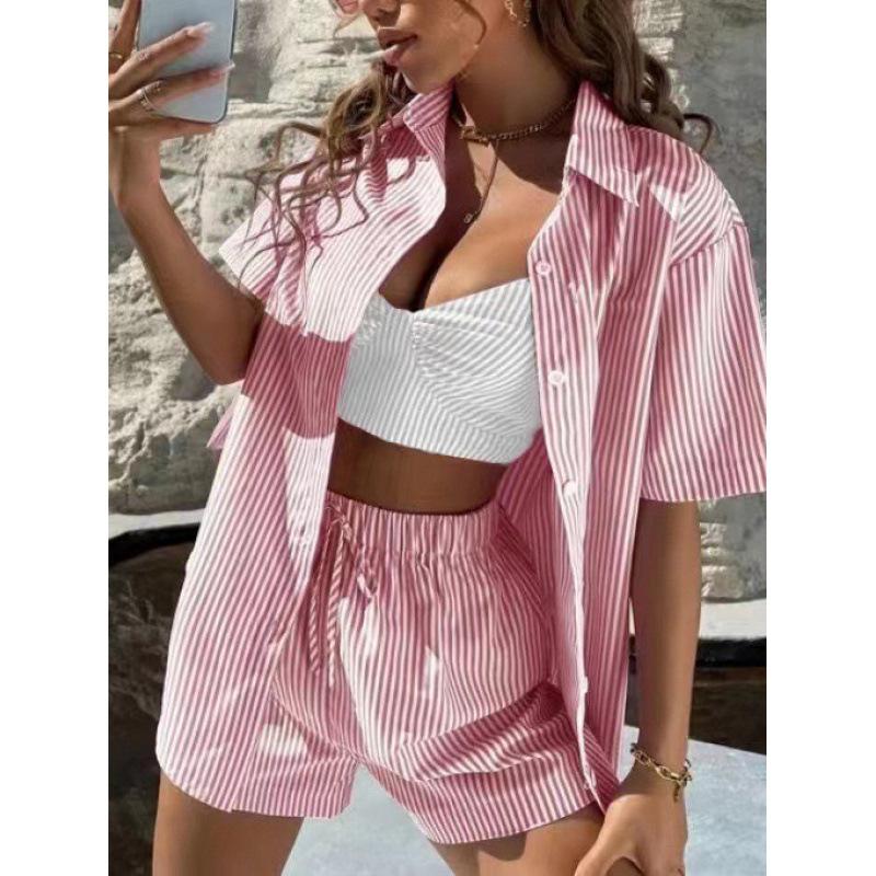 Casual Temperament Women's Striped Two-piece Short Sleeve Shirt Outfit