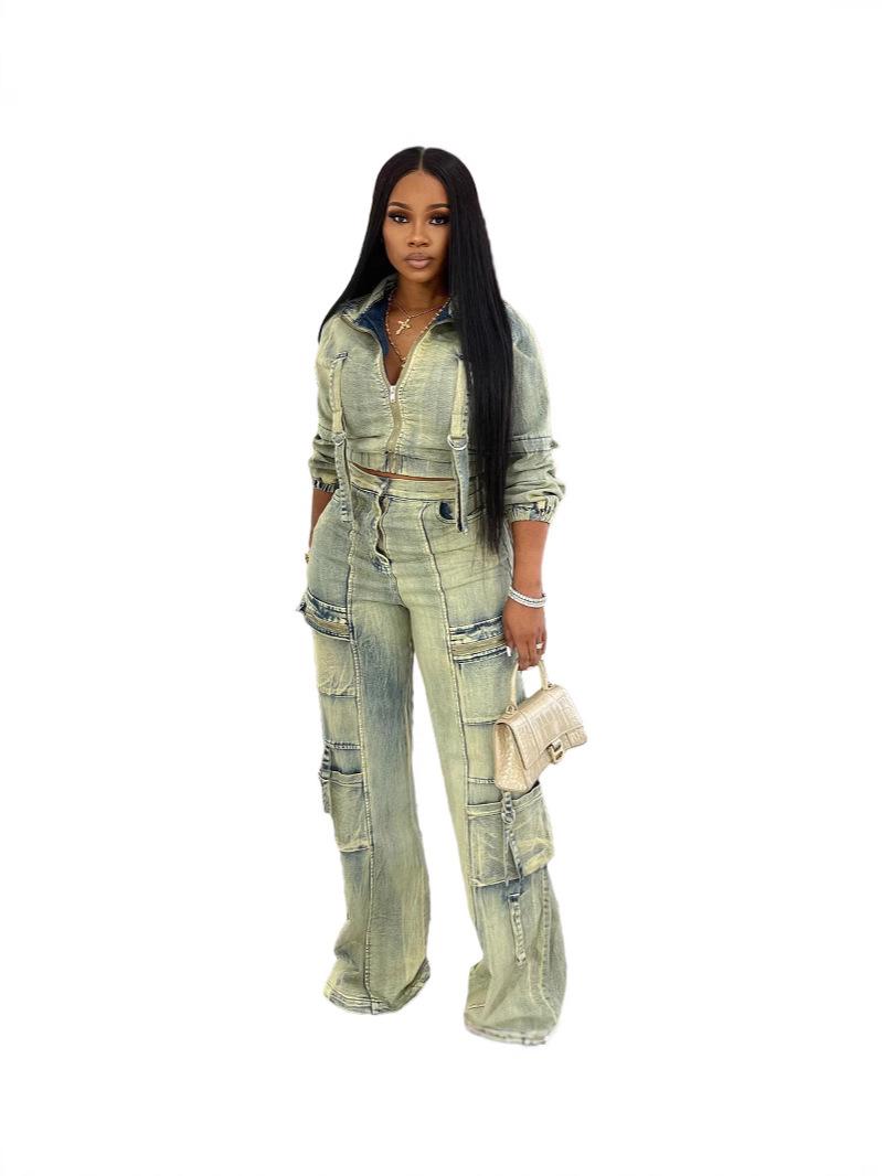 Fashionable And Sexy Washed Denim Jacket And Pants Set