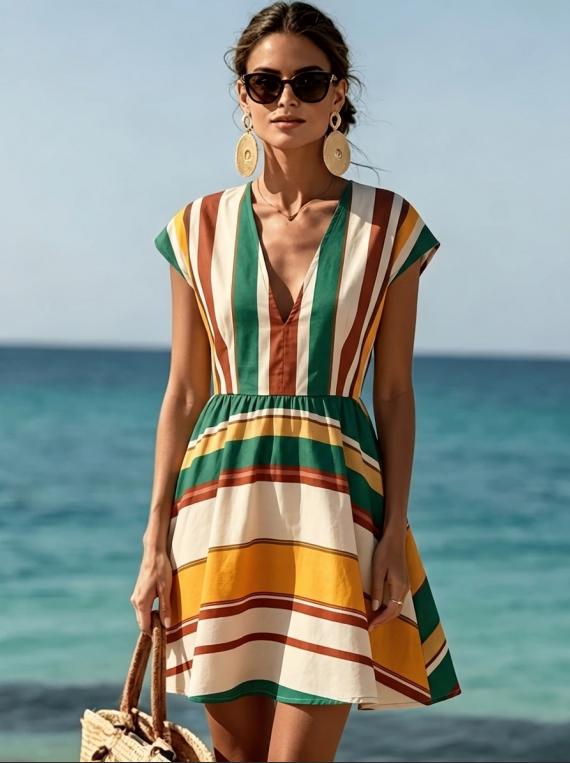 Multicolor Horizontal Stripe Deep V Neck Cap Sleeve Waist Tie Flared Mini Dress