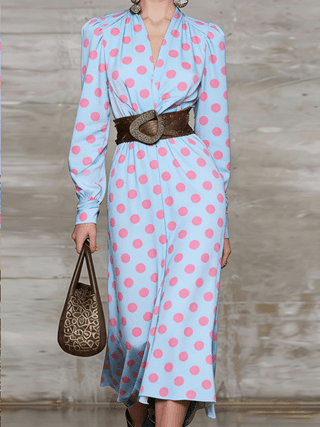Women's Polka Dot V-Neck Long Sleeve Midi Dress