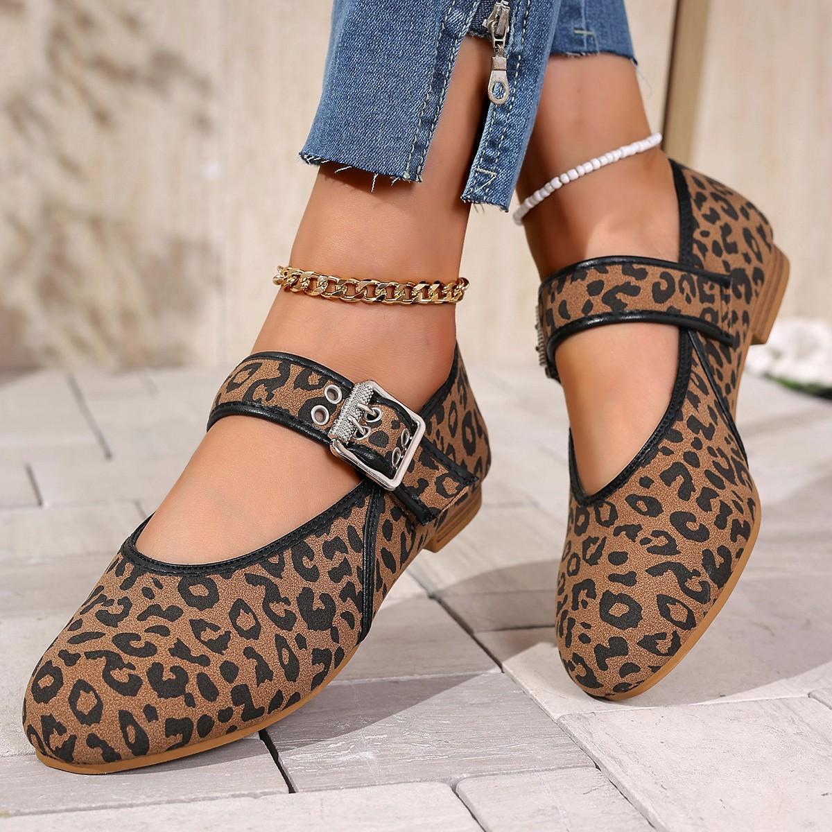 Leopard-print Belt Buckle Round-toe Sling-back Flats