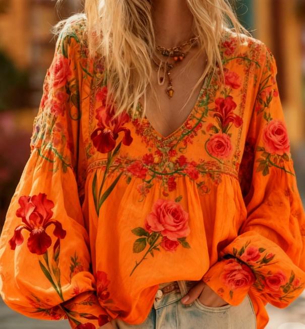 Floral Embroidery Casual V-neck Puff Sleeve Top