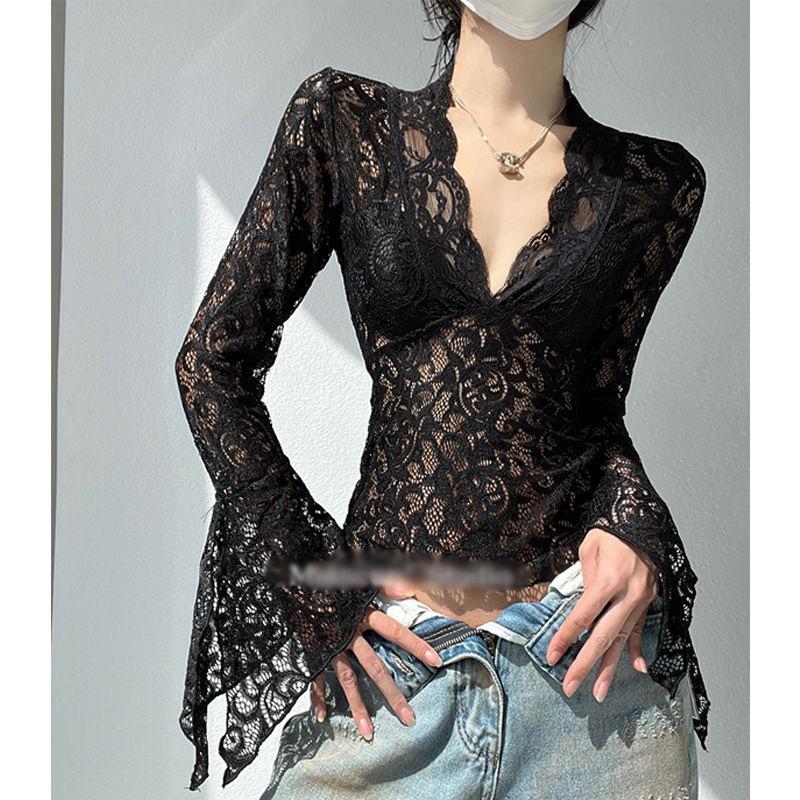 Womens Retro Lace Sheer Patchwork Long-Sleeve T-Shirt