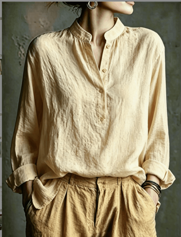 Cream Yellow Texture Stand Up Collar Half Open Long Sleeved Shirt