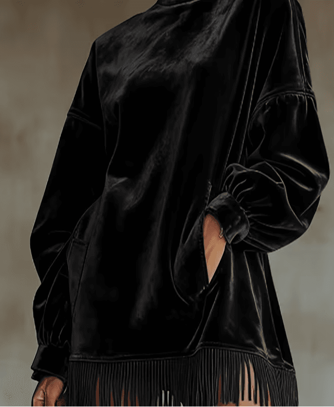 Loose Pocket Tassel Long-Sleeve Suede Dress