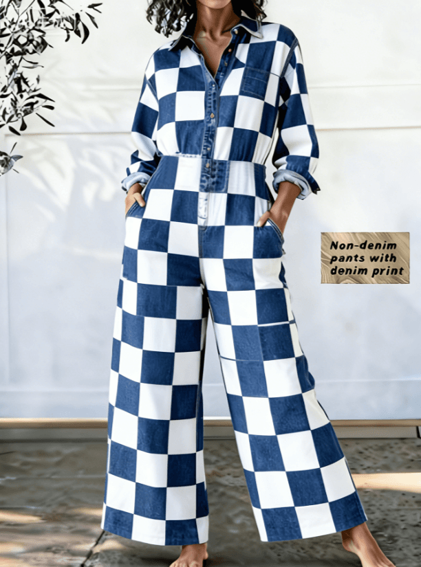 Checkerboard Denim-patterned Jumpsuit With Wide Legs