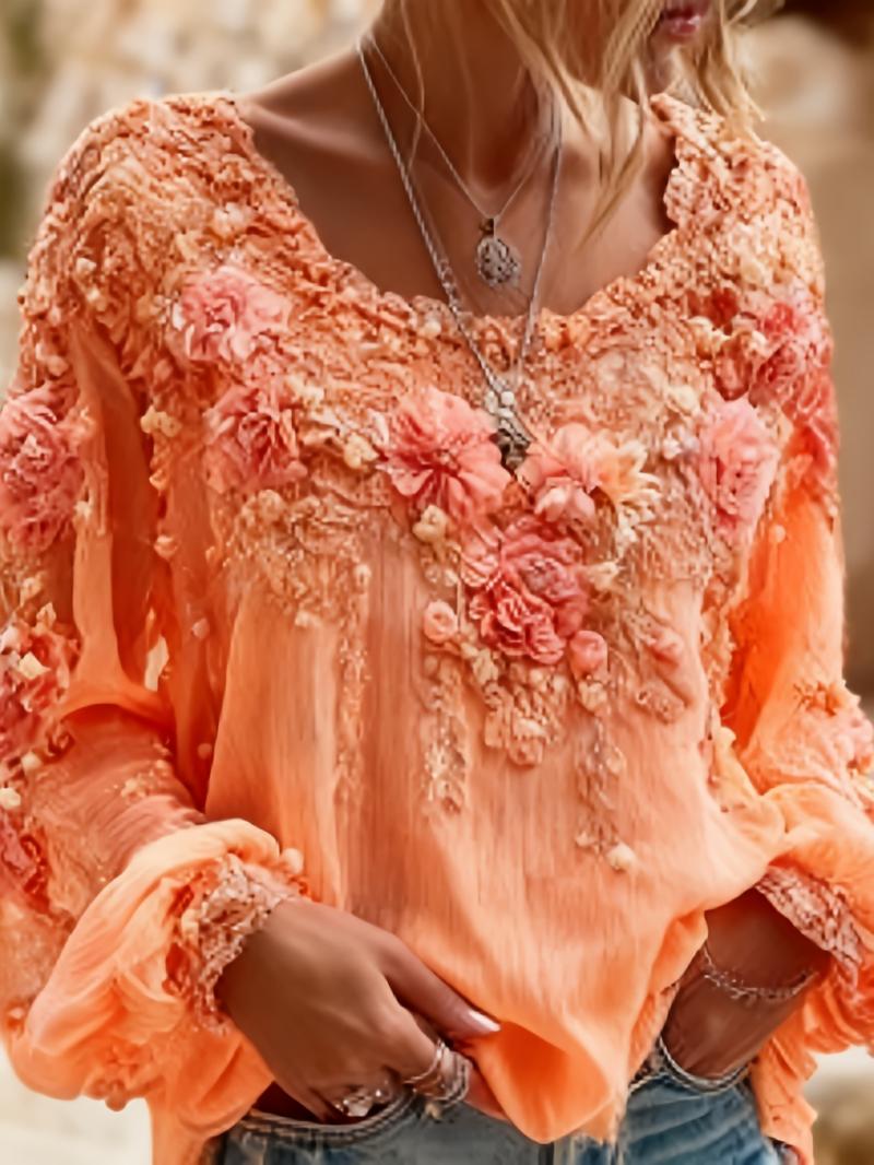 Women's Bohemian Style V-Neck Long Sleeve Shirt - Loose Printed Top