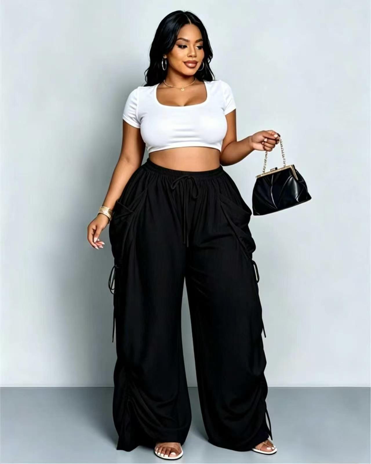 Retro Punk-style Drawstring Pleated High-waisted Wide-leg Pants