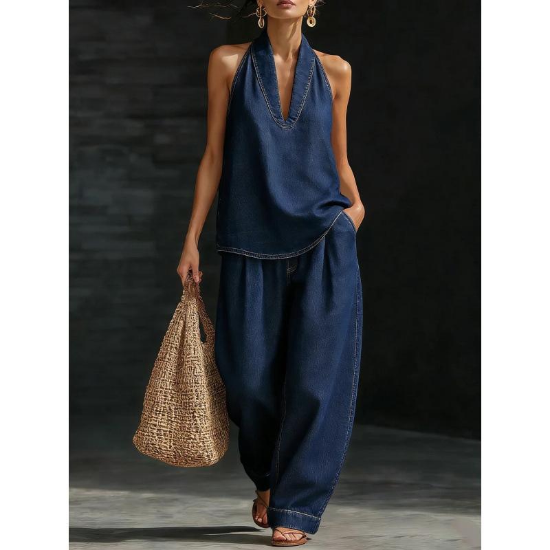 Womens Distressed Bleached Denim Set With A Natural Vibe
