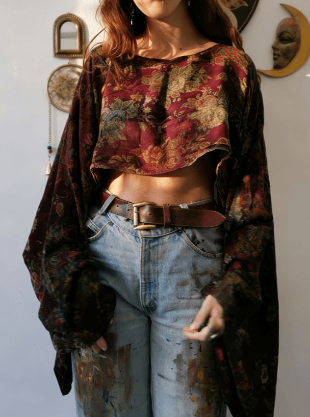 Women's Ethnic Style Printed Loose Long-sleeve Short Crop Top