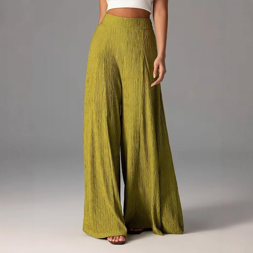 Elastic-waist Loose Solid-color Trousers High-waisted Wide-leg Pants