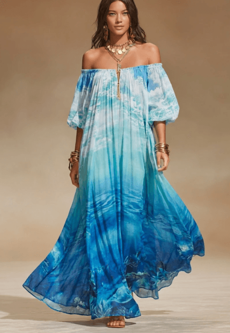 Off-Shoulder Ocean Print Maxi Dress