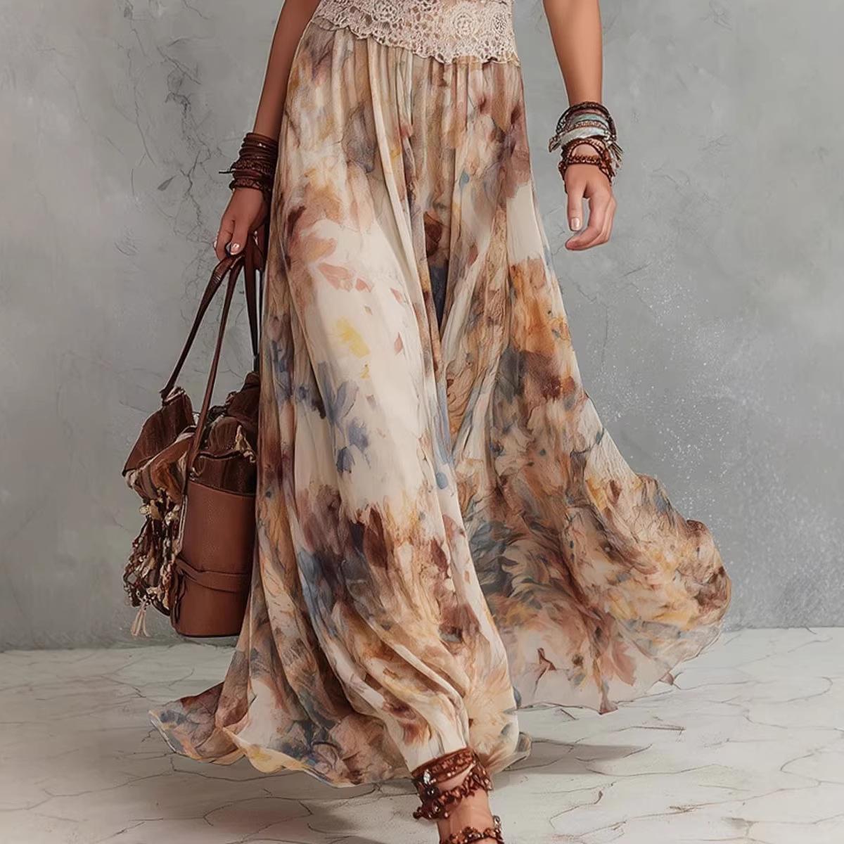 Womens Retro Oil-Painting-Style Summer Floral Strap Waist-Cinching Dress