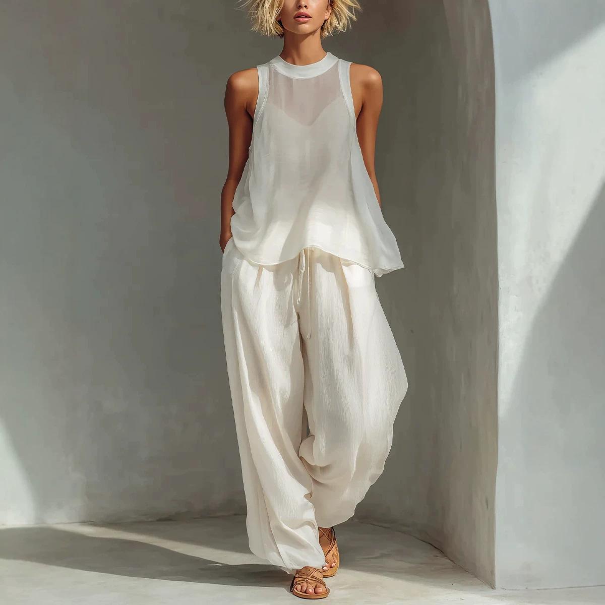Sheer Round-neck Sleeveless Tank Top And Drawstring Wide-leg Pants Set