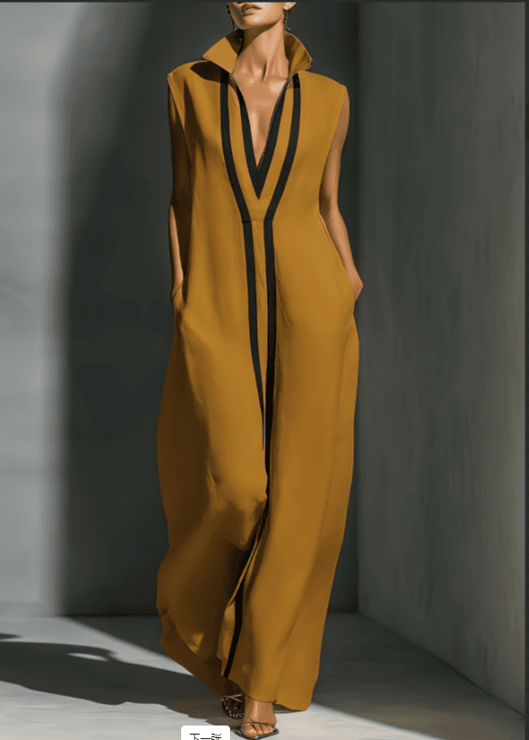 2026 Spring And Summer New Contrasting Stand Up Collar Sleeveless Linen Maxi Dress