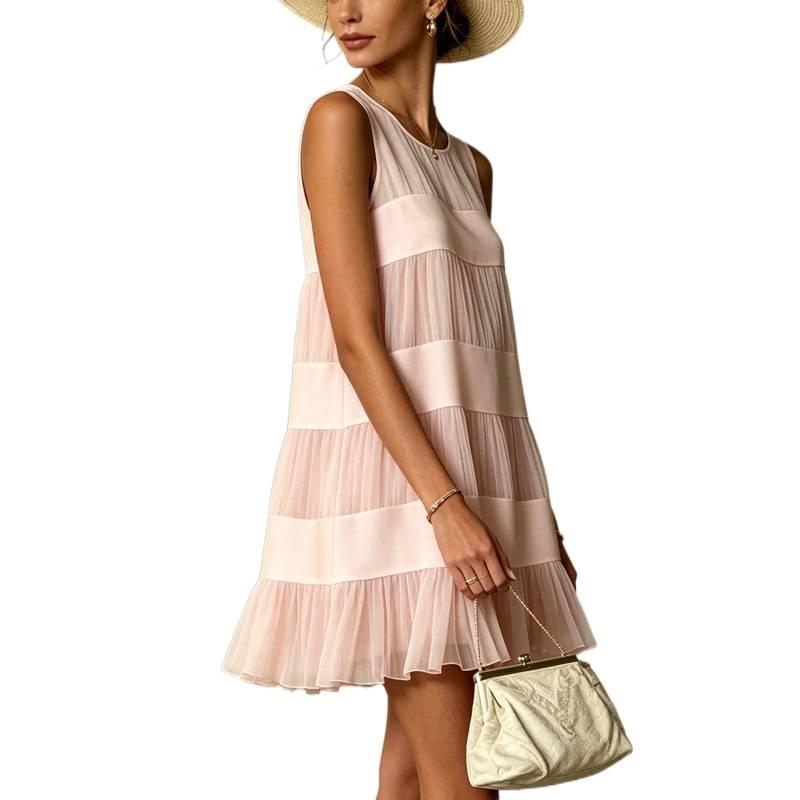 Color-block Sleeveless Vest-style Striped Ruffled Hem Dress