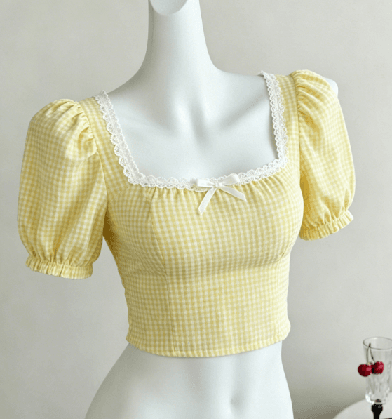 French Sweet Yellow & White Gingham Square Neck Lace Trim Bow Puff Sleeve Crop Top