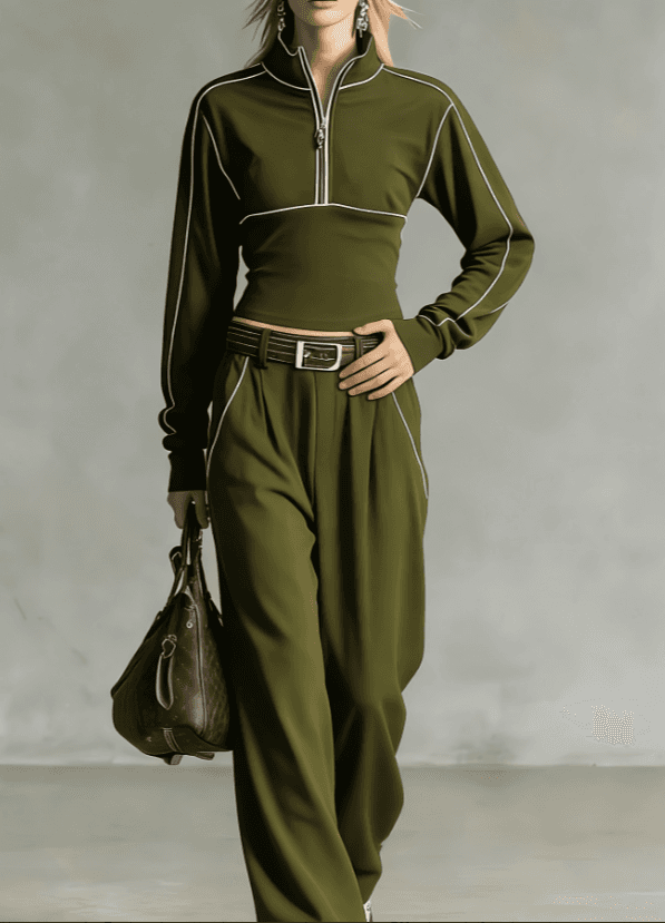 Stand-up Collar Short Zip-up Top  Wide-leg Pants Casual Sportswear Set