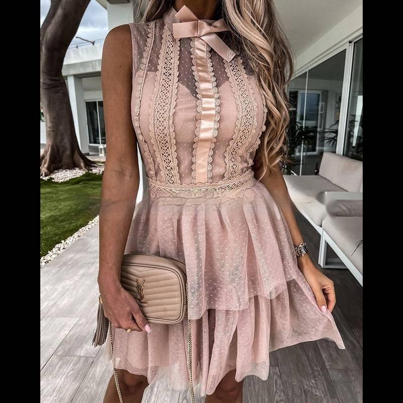 Sleeve Lace Stitching Butterfly Collar Dignified Goddess Mesh Dress