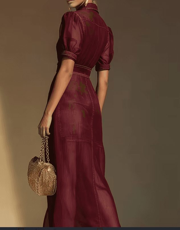 French Retro Bubble Sleeve Waist Cinching Long Skirt