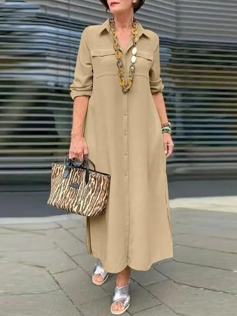 Elegant Solid Color Long Sleeve Button Lapel Dress