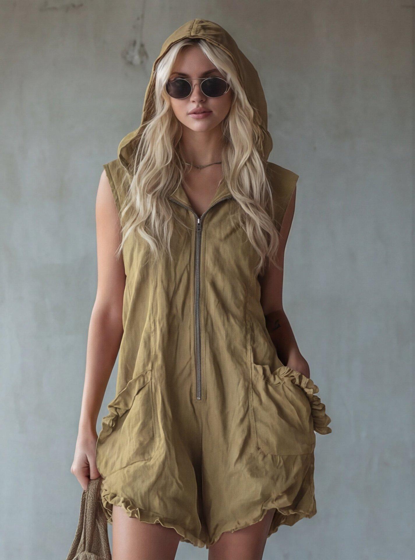 Retro-style Hooded Zip-up Sleeveless Cropped Cotton-linen Jumpsuit