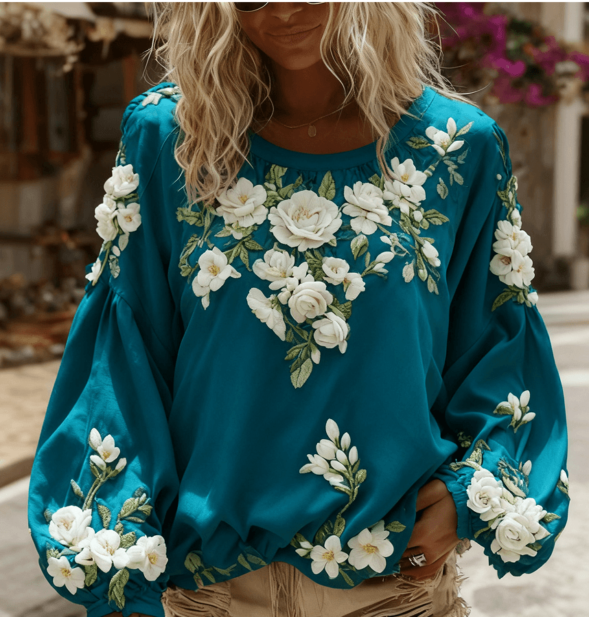 Women's Vintage Rose Print And Floral Applique Embroidery Casual Crew Neck Shirt