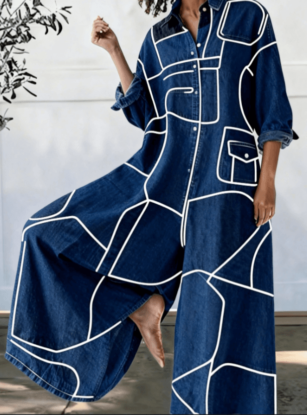 Loose-fitting Long-sleeved Casual Jumpsuit With Patchwork Design