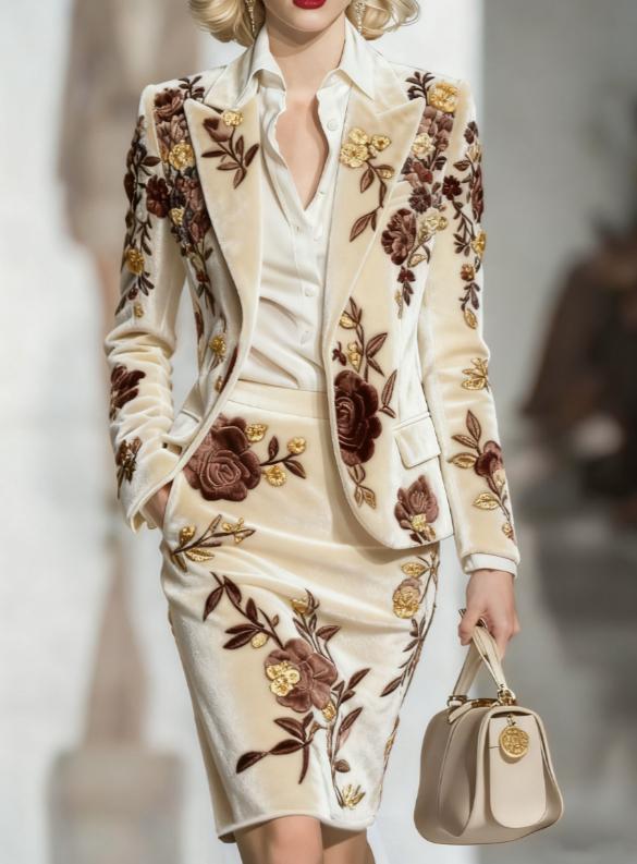 Elegant Velvet Printed Suit And Pencil Skirt Set