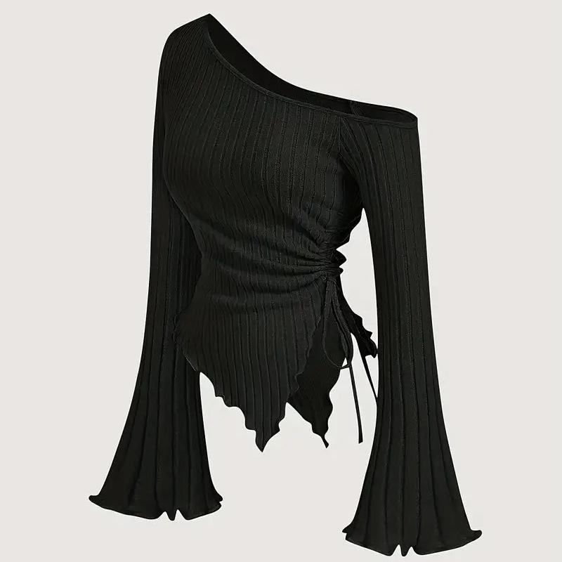 Design Sense Off-neck Long Sleeve Slim-fitting Simple Rope T-shirt