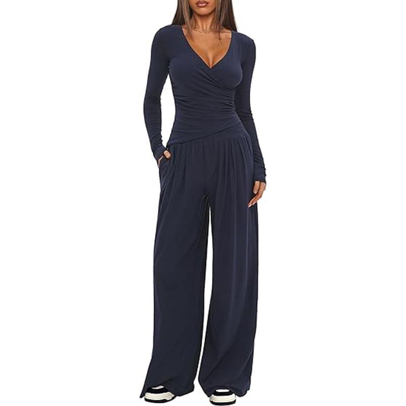 2 Pieces Women's V Neck Long-sleeve Sportswear Top And Wide-leg Pants Set Casual Comfortable Outfit Set For Daily Wear Gym Sports Outfit