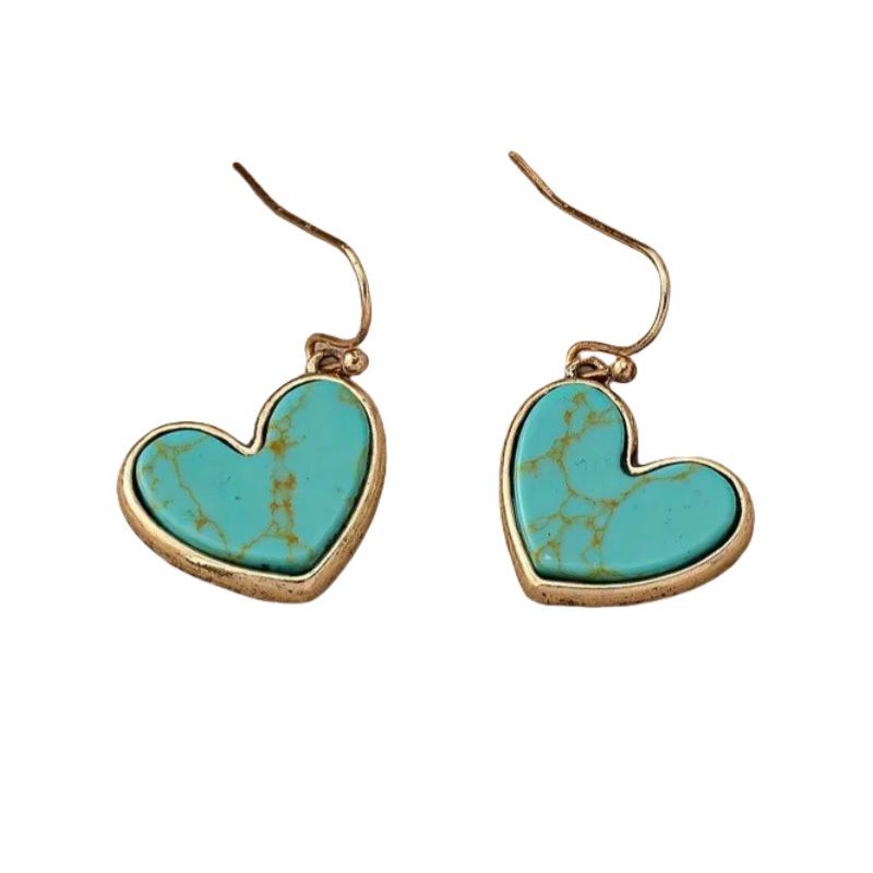 Retro Heart-Shaped Turquoise-Inlaid Versatile Womens Earrings