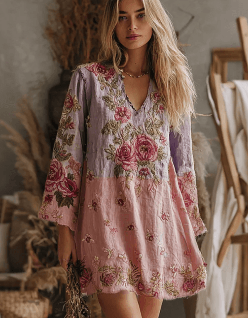 Color-blocked Rose Embroidered Casual V-neck Long-sleeved Short Dress