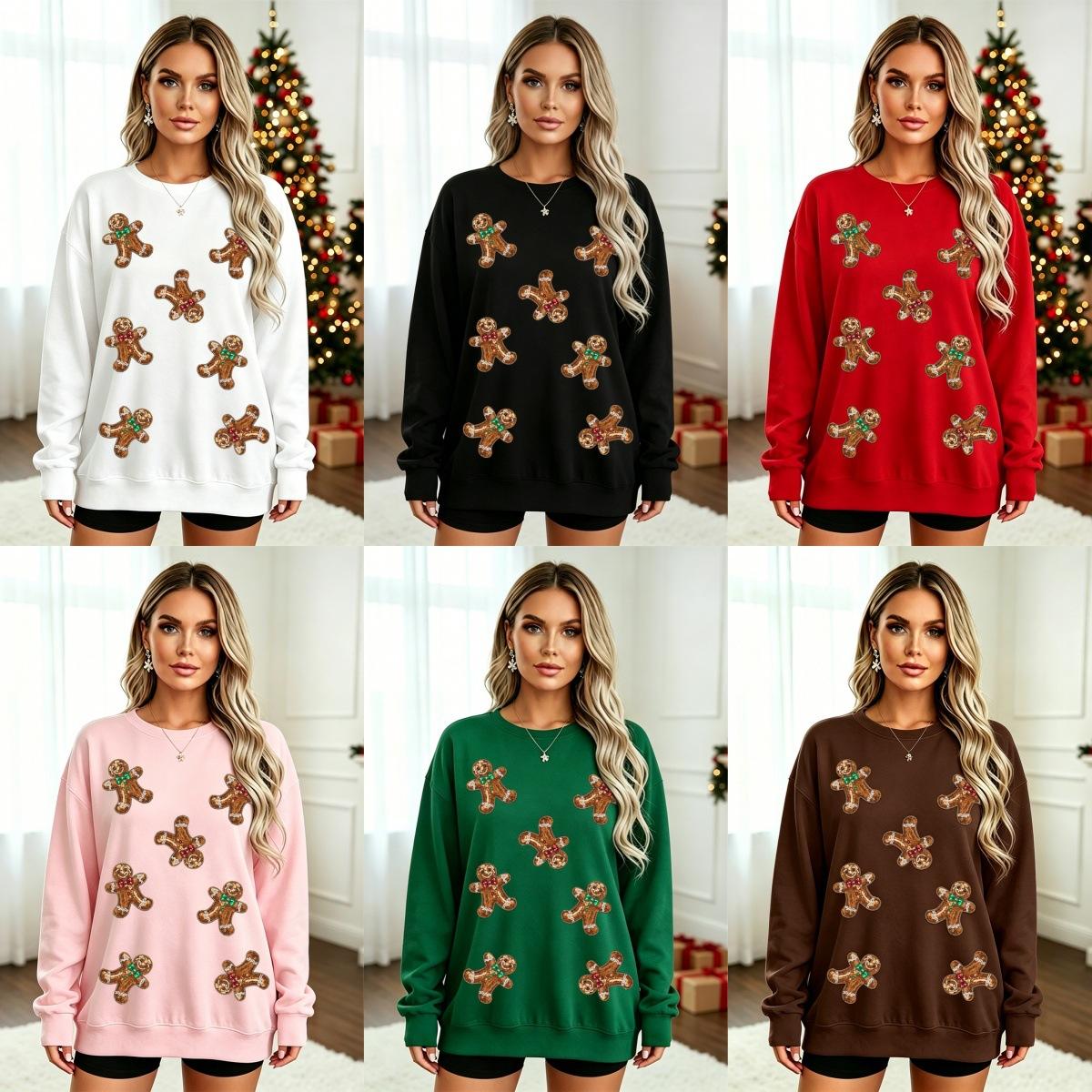 Womens Christmas Gingerbread Man Glittery Loose-Fit Pullover Hoodie