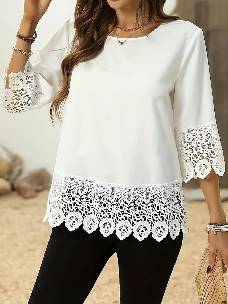Round-neck Lace-trimmed Patchwork Minimalist Womens T-shirt