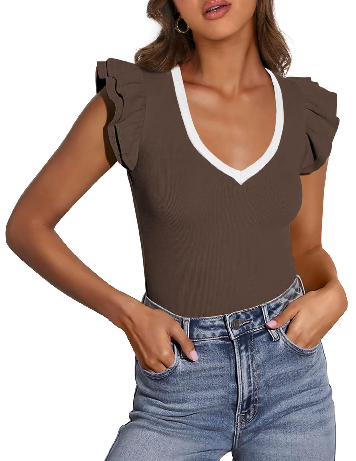V-neck Ruffle-sleeve Knitted Short-sleeve Top For Women