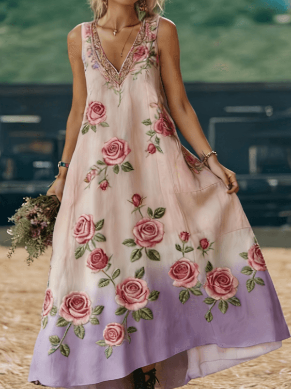 Women's Bohemian Retro Paisley Print V-Neck Sleeveless Loose Long Dress