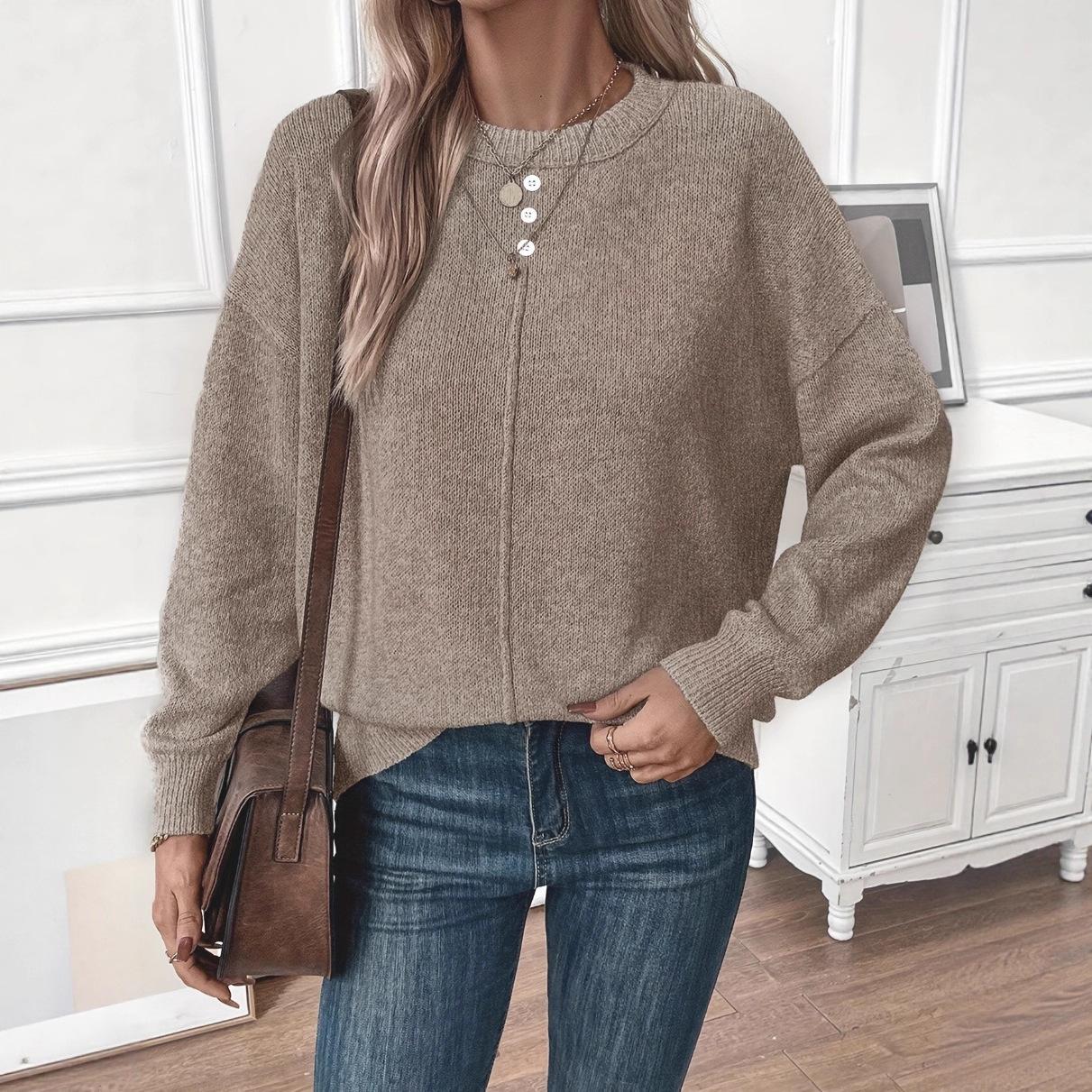 Womens Solid-Color Loose Simple Casual Sweater